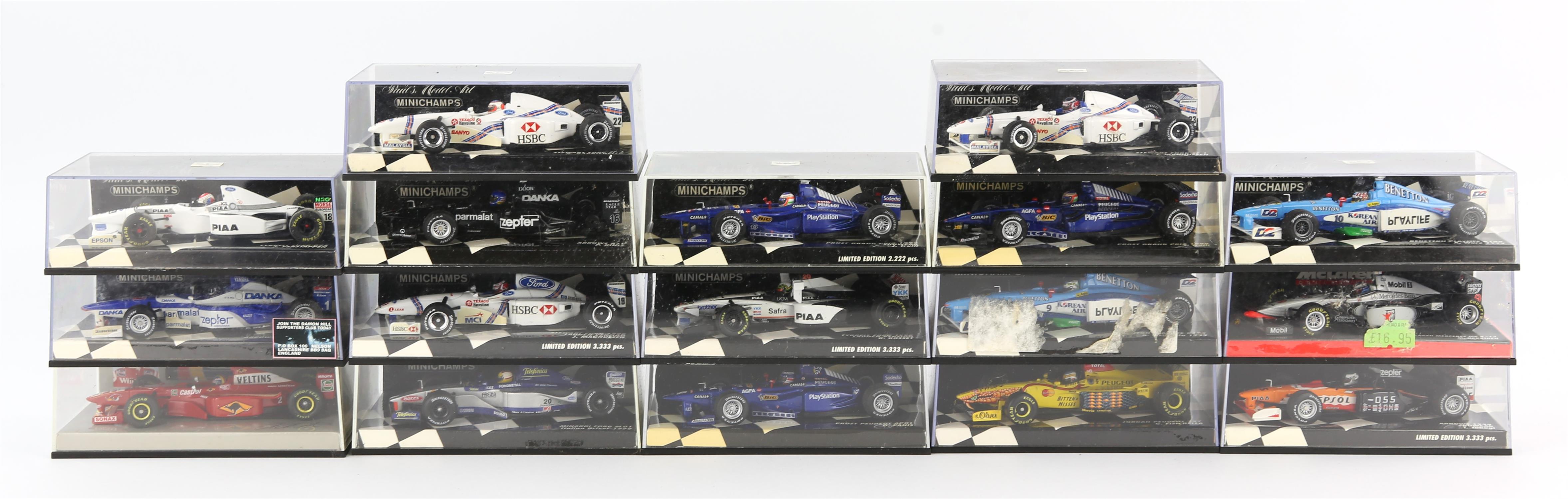 Collection of 17 Minichamps Formula 1 diecast models, All in Perspex cases, 1:43 scale, (1 box).