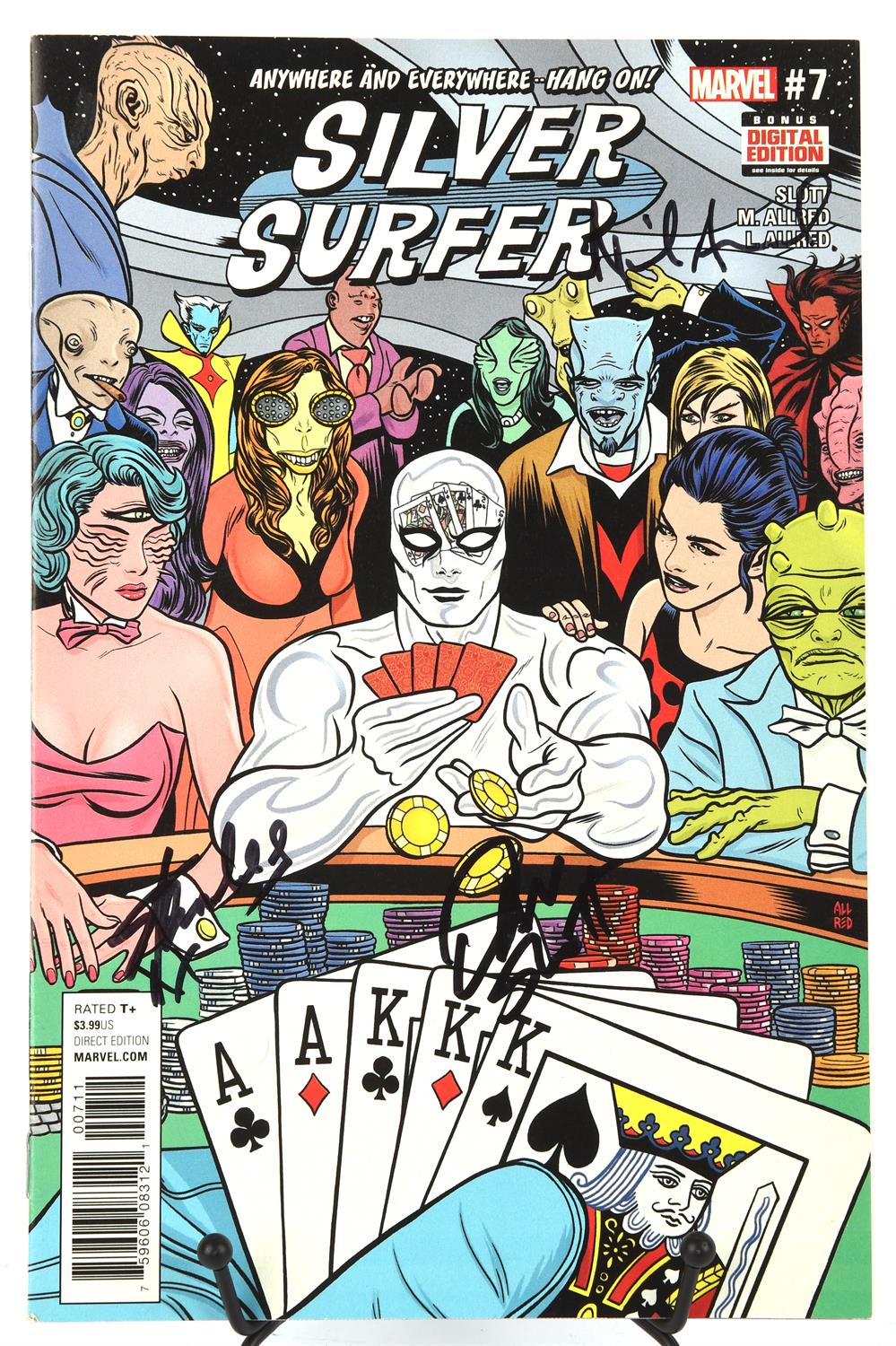 A Silver Surfer Marvel Comic Book, signed on the cover by Stan Lee and two others.