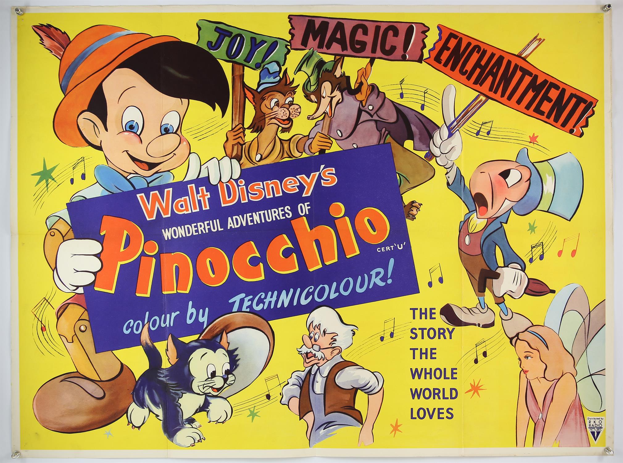 Walt Disney's Pinocchio (1954) British Quad film poster, early RKO version of the Disney classic,