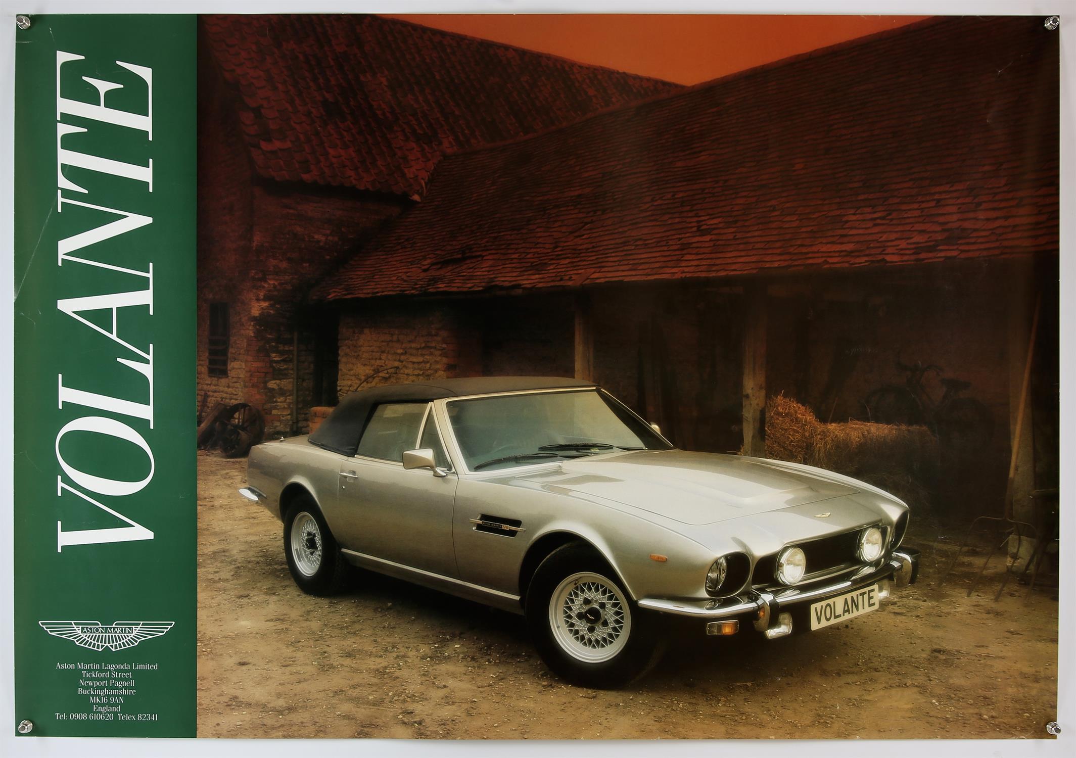 Aston Martin Volante c1985 original factory poster, rolled, approx, 39 x 27 inches.