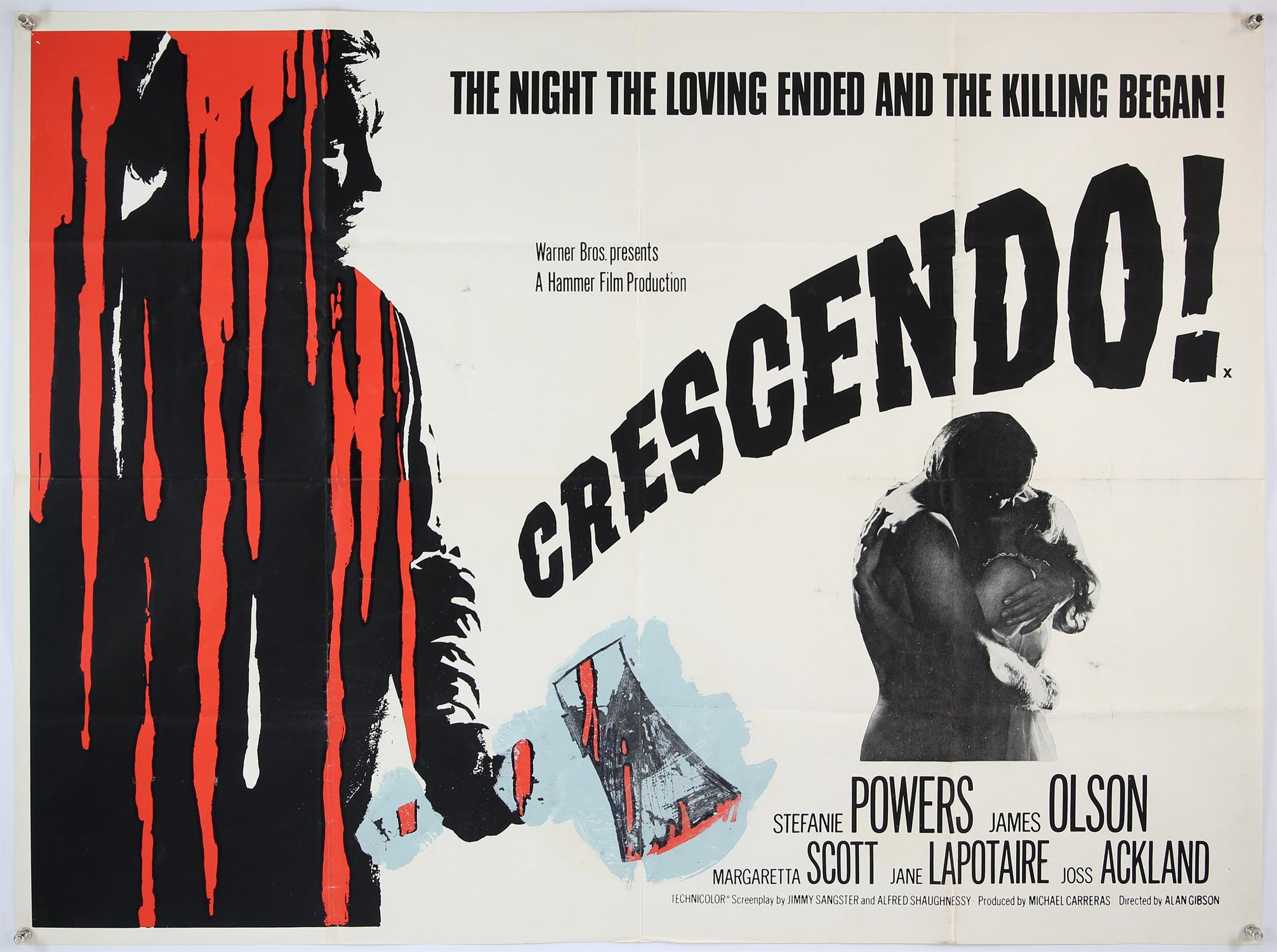 Crescendo (1970) British Quad film poster, Hammer Horror starring Stefanie Powers, folded,