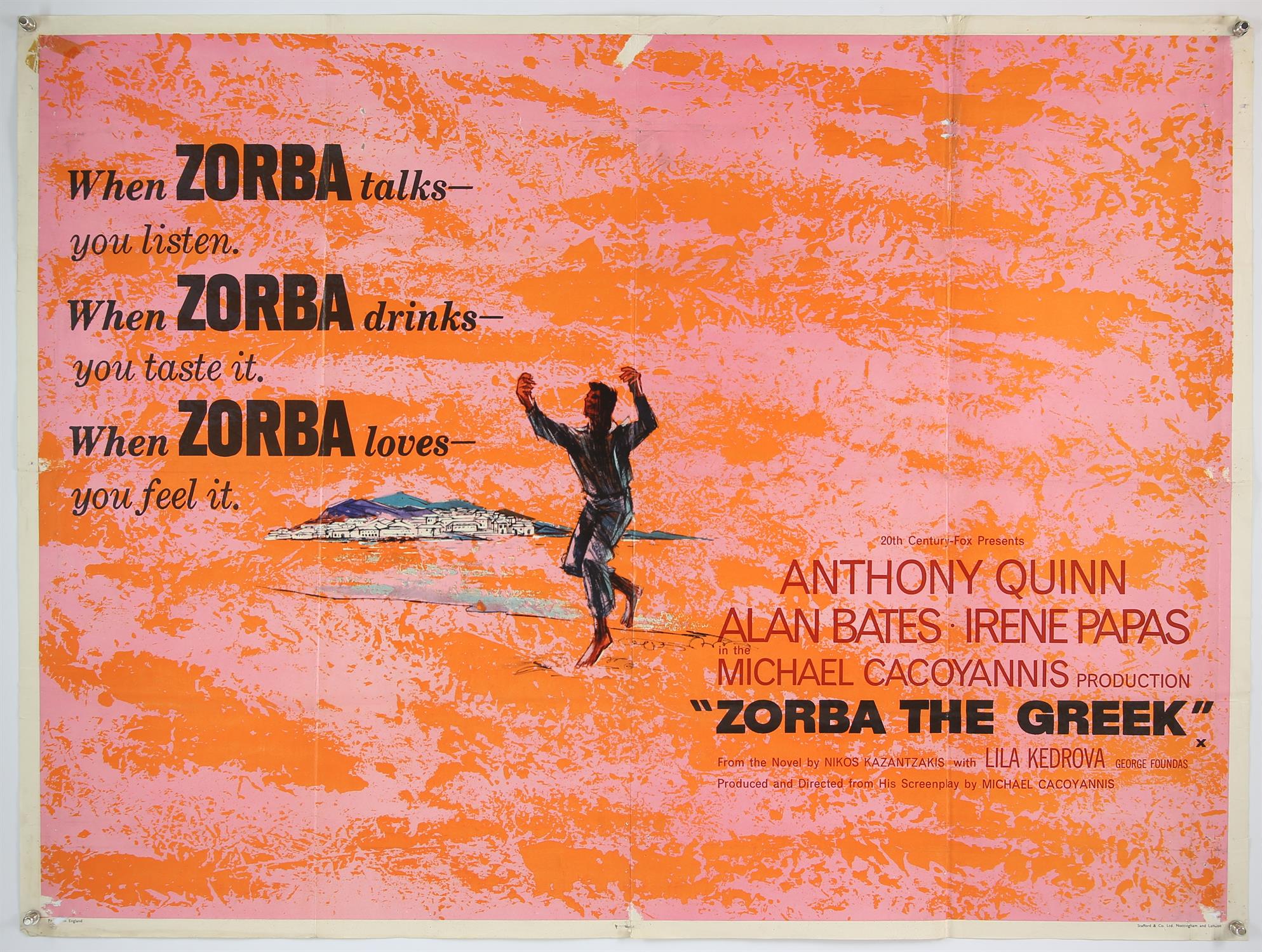 Zorba the Greek (1964) British Quad film poster for the Oscar-winning drama starring Anthony Quinn