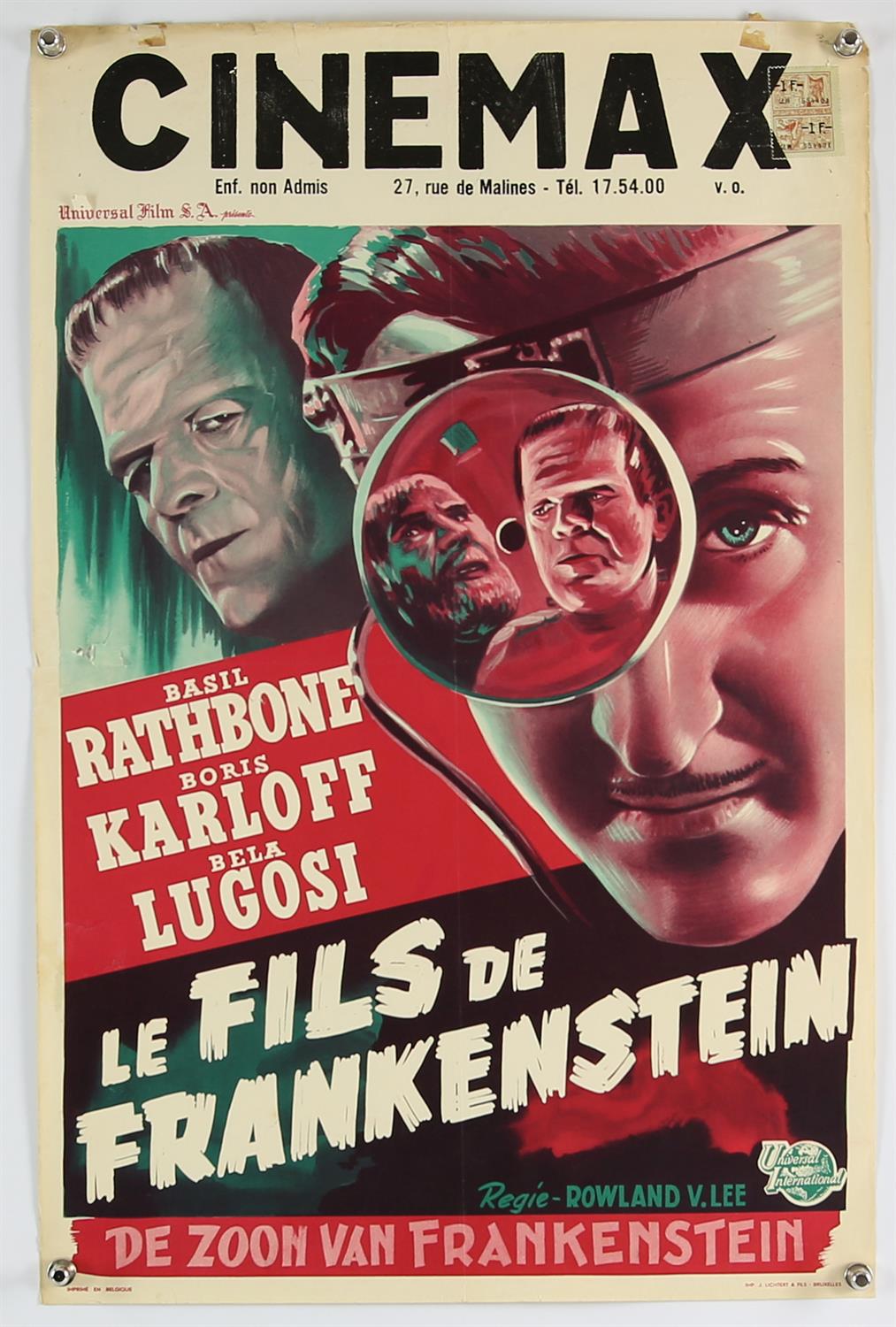 Son of Frankenstein (1950's) Belgian film poster, starring Basil Rathbone, Boris Karloff and Bela