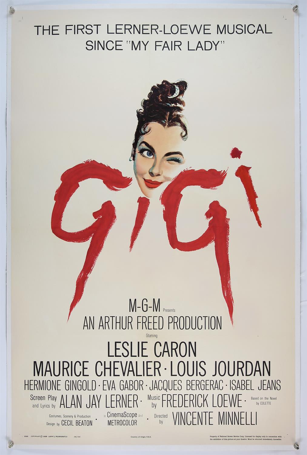 Gigi (1958) US One sheet cinema film poster artwork of movie star Leslie Caron, folded,