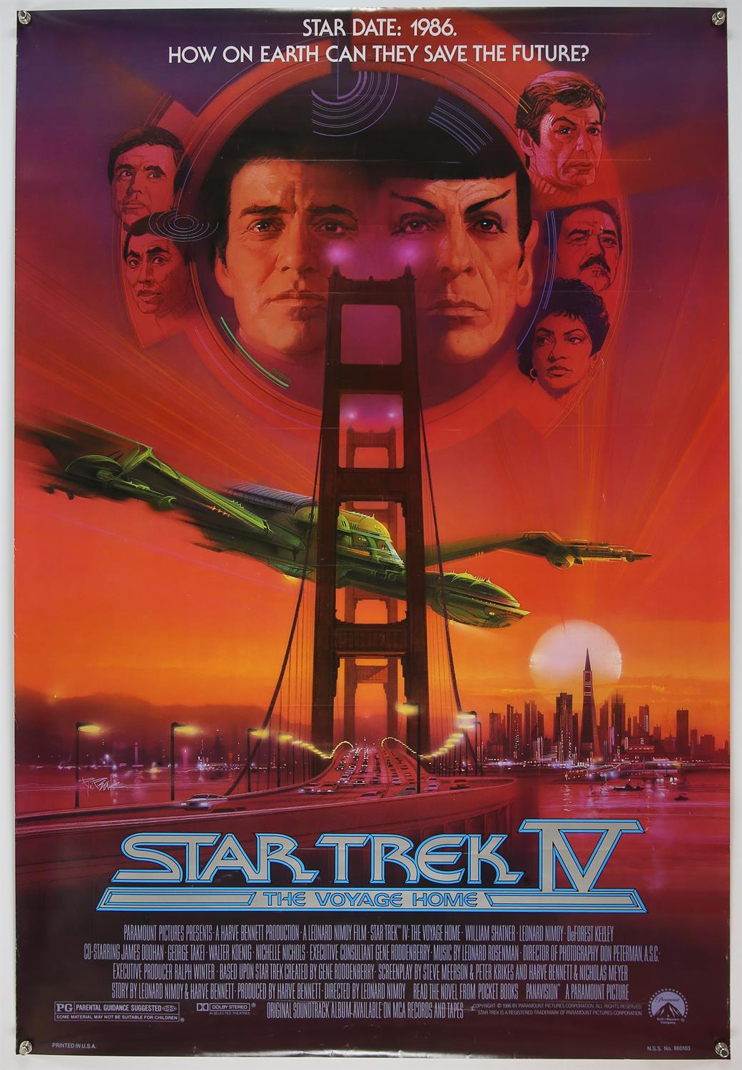 Star Trek IV (1986) One Sheet film poster, artwork by Bob Peak, rolled, 27 x 40 inches.