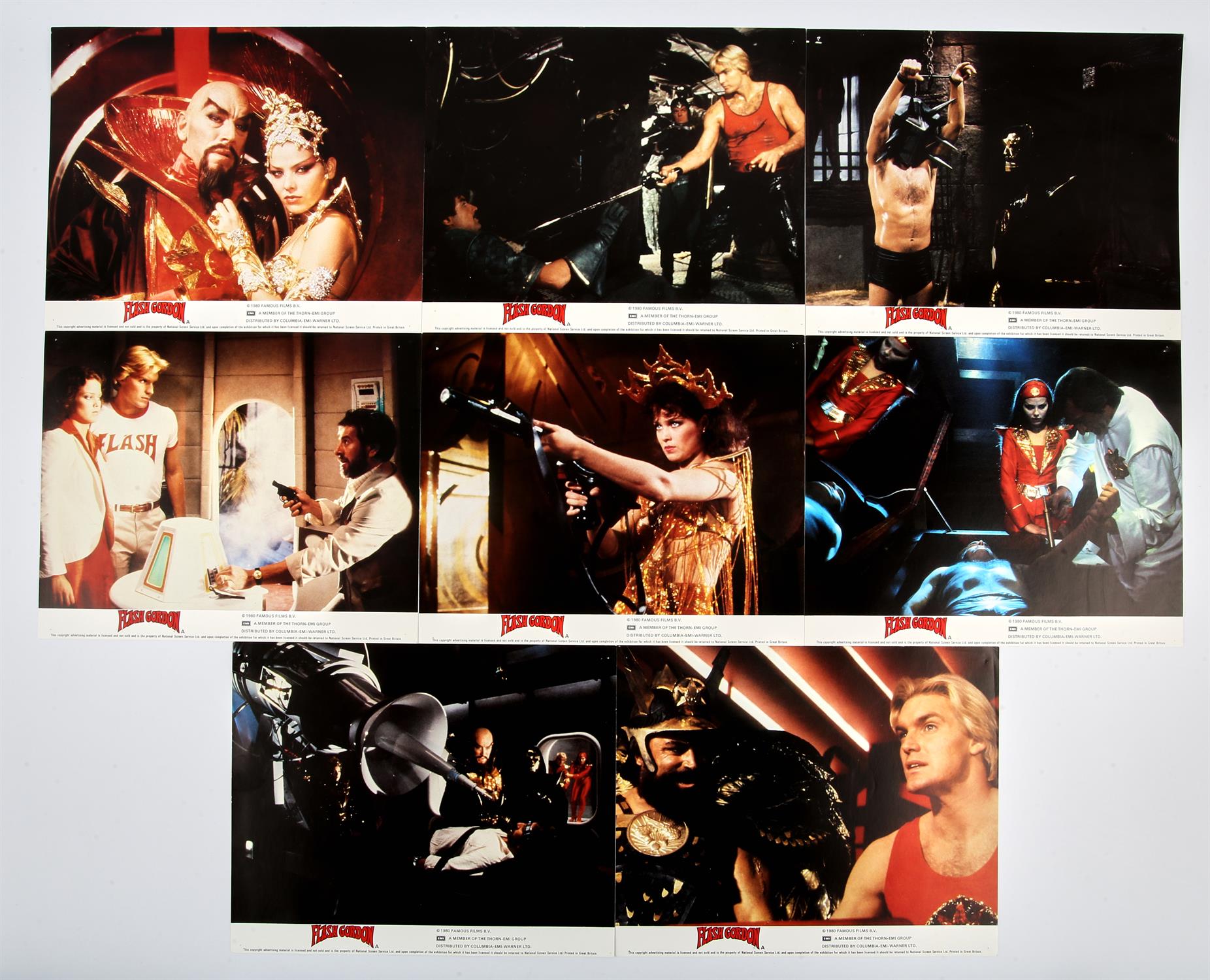 Flash Gordon (1980) Set of 8 Front of house cards, flat, 10 x 8 inches (8).