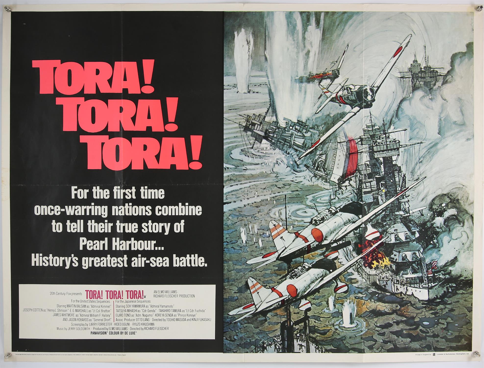 Four British Quad film posters for The Heroes of Telemark, Tora Tora Tora, Tobruk and Hell Below