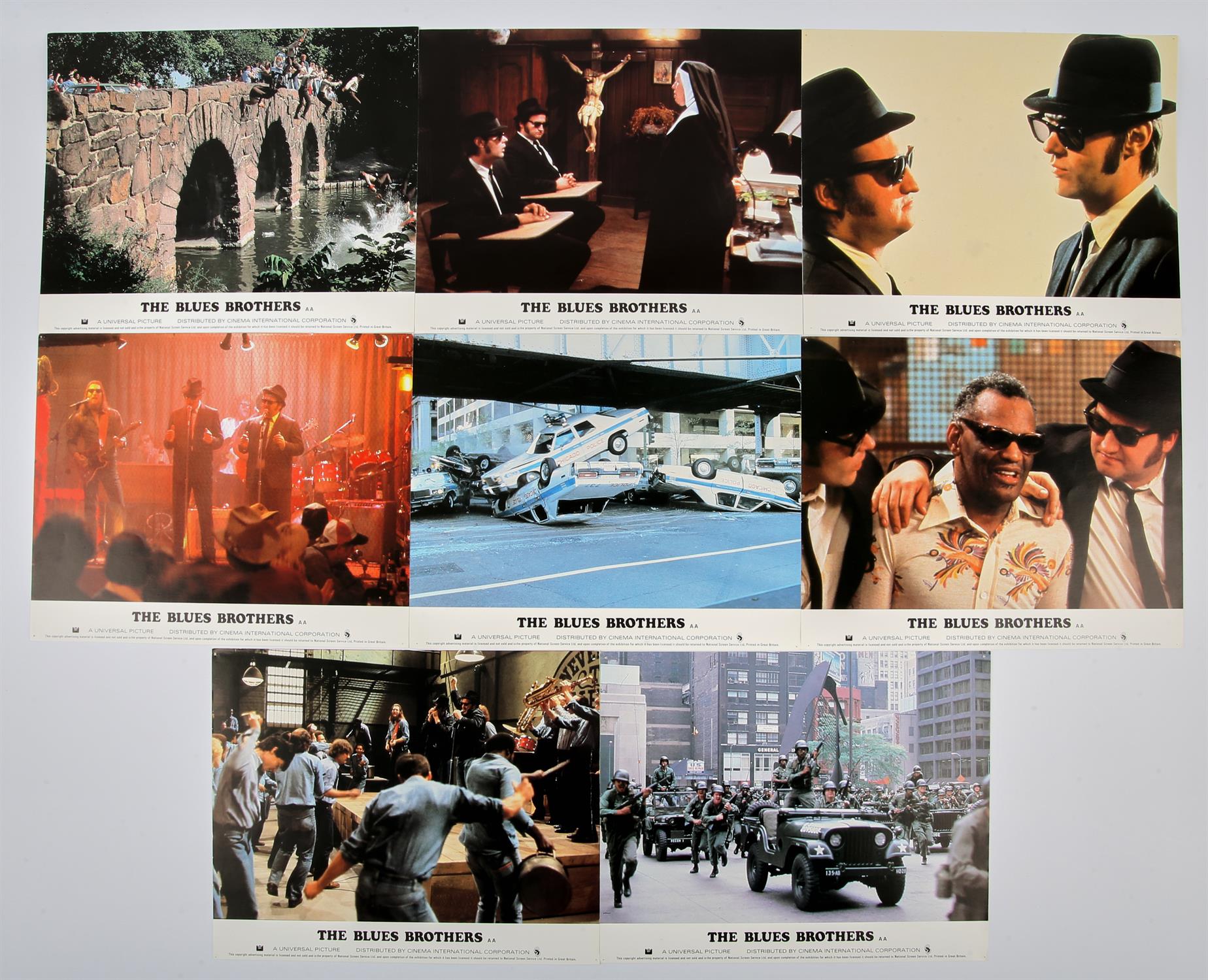 The Blues Brothers (1980) Set of 8 Front of house cards, flat, 10 x 8 inches (8).