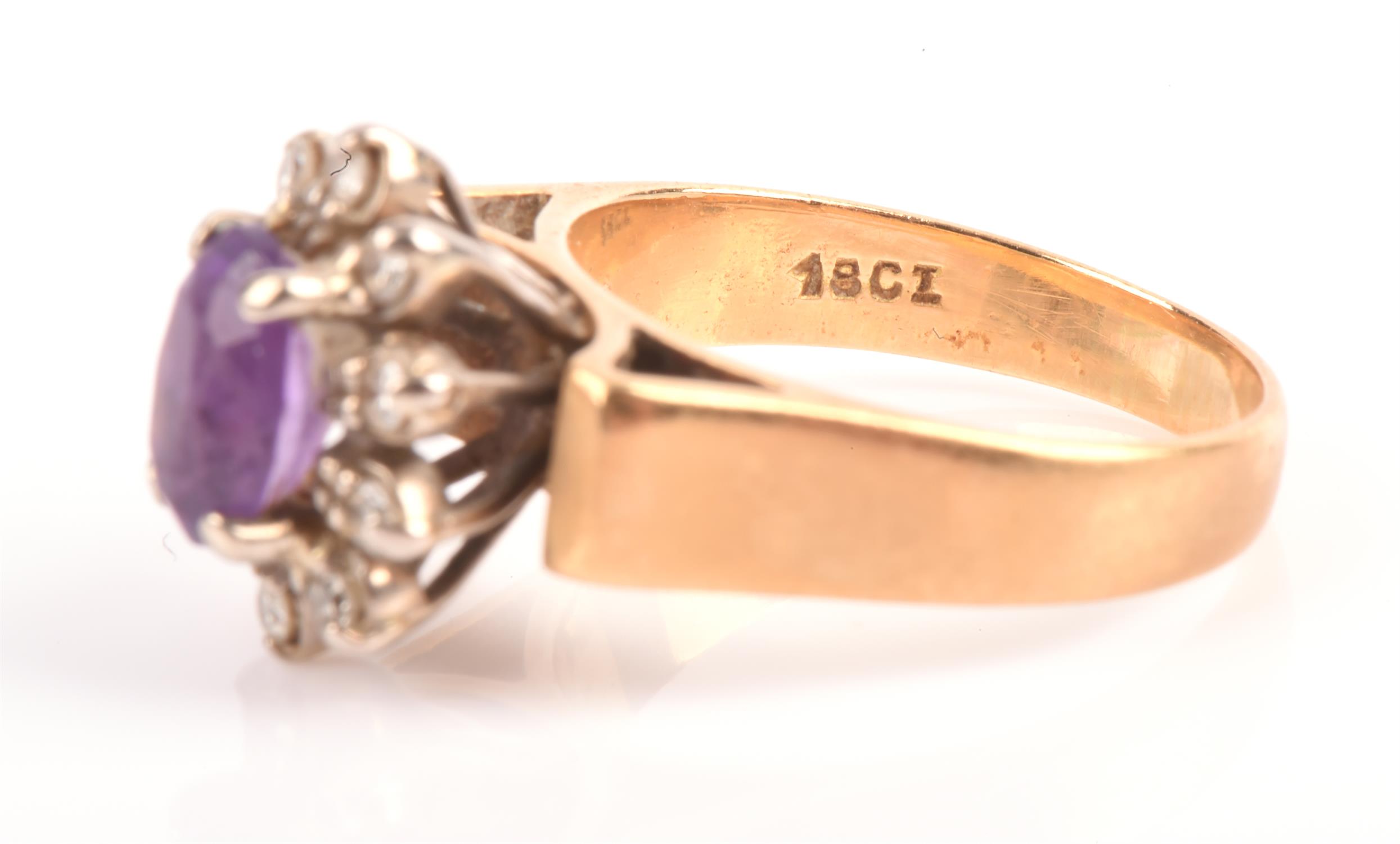 Amethyst and diamond ring, oval cut amethyst surrounded by ten single cut diamonds, - Image 5 of 5