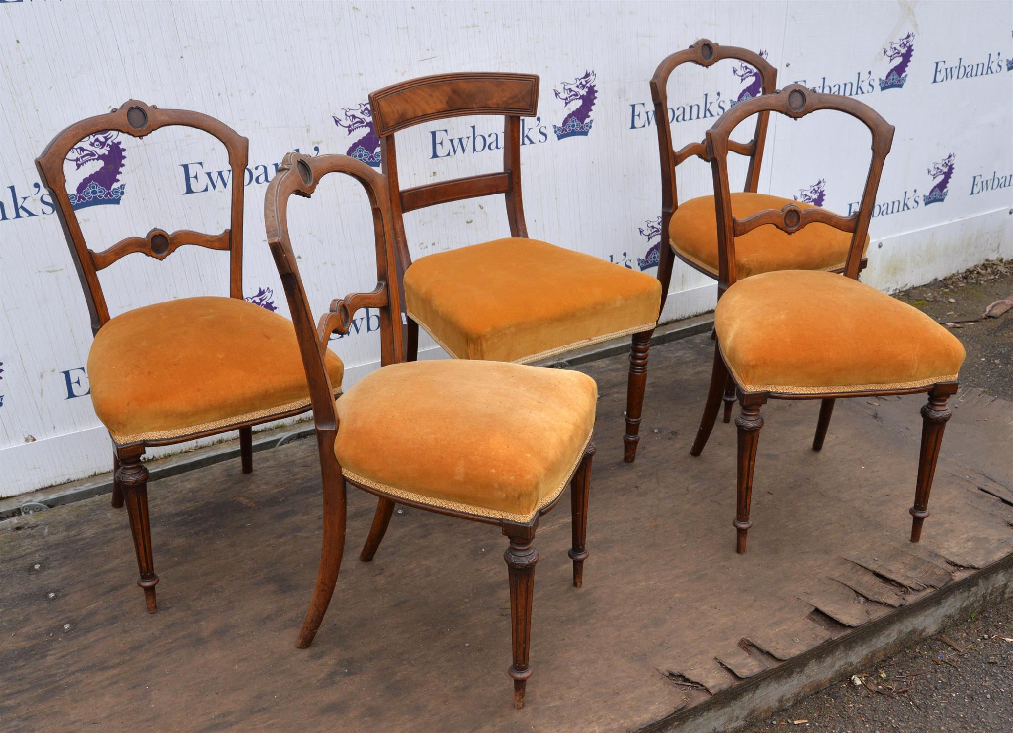 A set of four late Victorian rosewood salon chairs, inlaid with stringing, on fluted legs, - Image 4 of 4