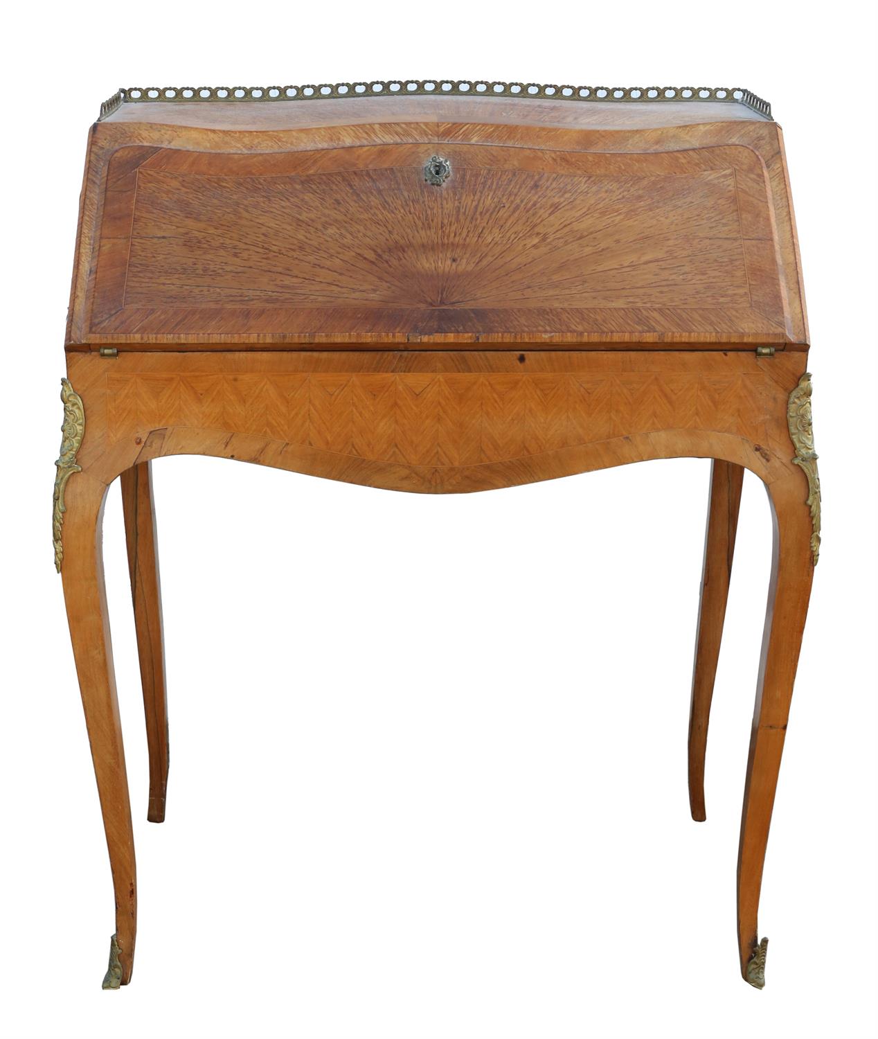 French rosewood and kingwood parquetry bonheur-du-jour, 19th Century, with brass gallery,