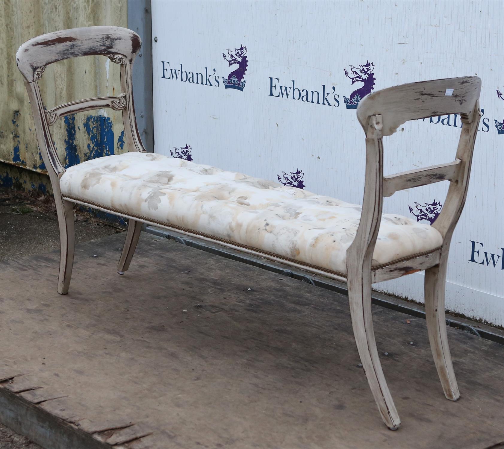 A Victorian style cream painted and upholstered window seat, one rail stamped, Graygoose, L 144cm - Image 3 of 4