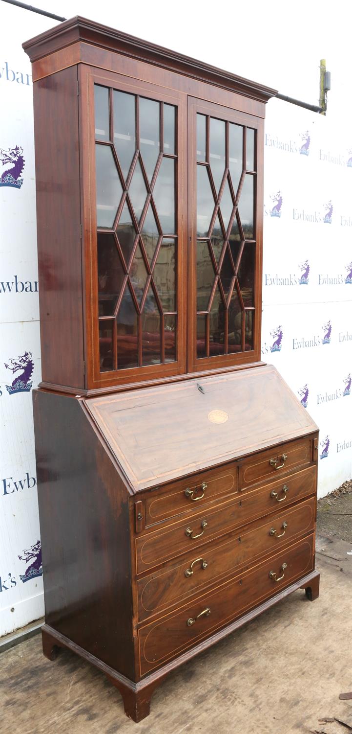 A George III mahogany bureau bookcase, top and base associated, later strung and banded, H 213cm, - Image 3 of 10