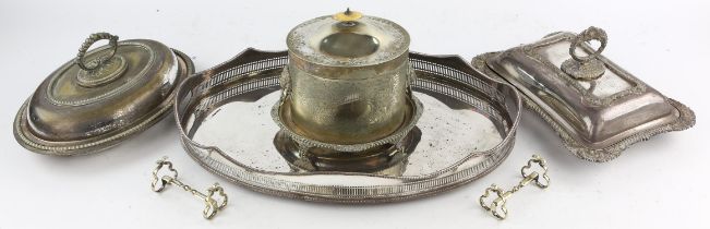 A group of silver plated items, to include an oval galleried tray, 46cm, together with nine boxed