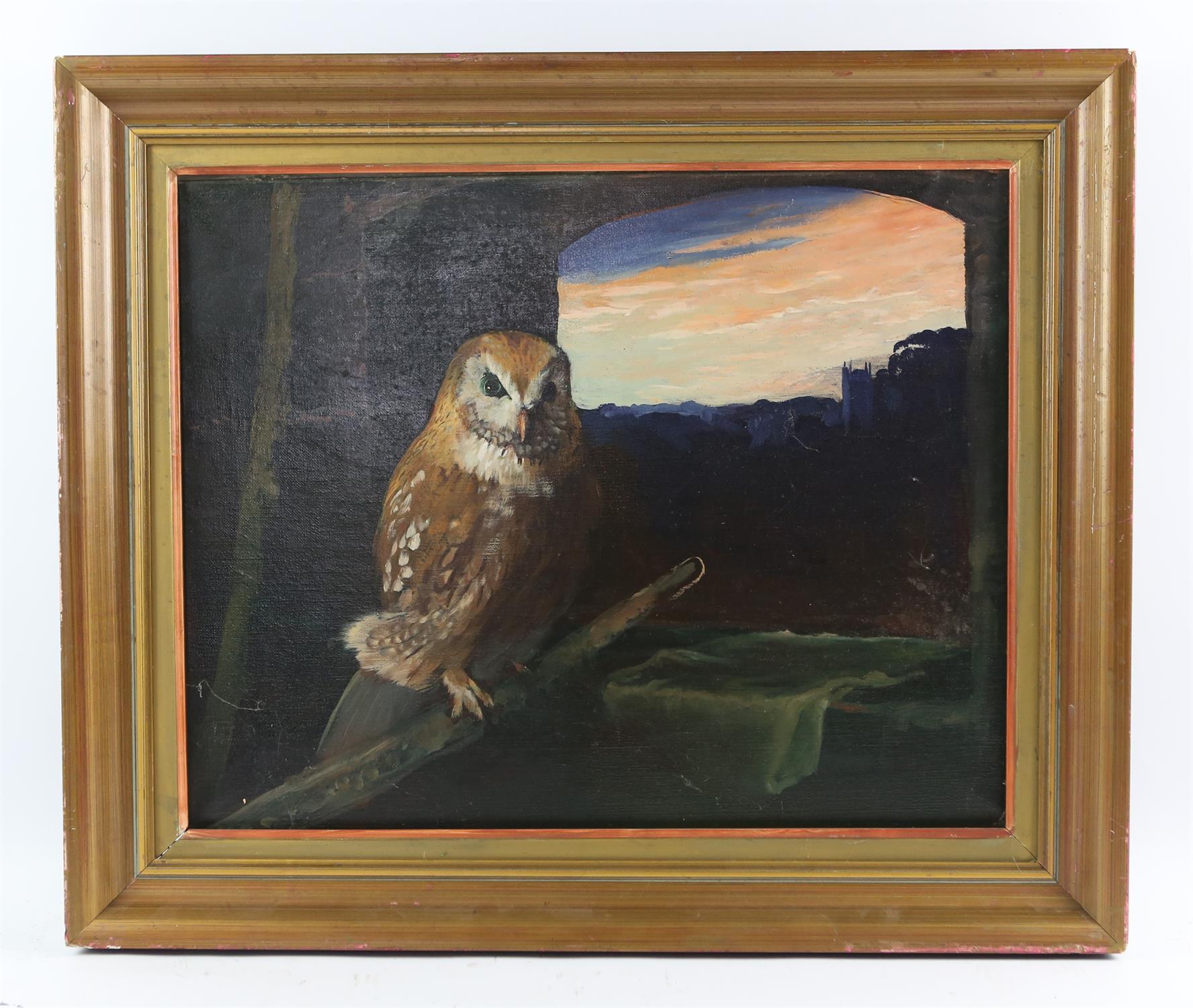 Ashton Booth (British b.1925), Owl, oil on canvas, signed and inscribed on stretcher, 39 x 49cm.