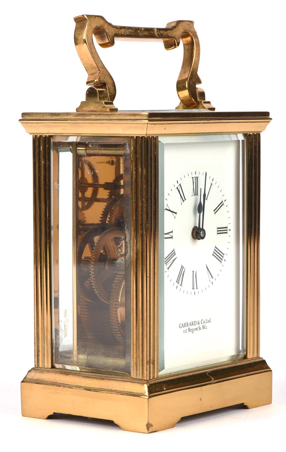 Garrard and Co. Ltd, a brass carriage clock, with white enamel dial, Roman numeral chapter room, - Image 3 of 7