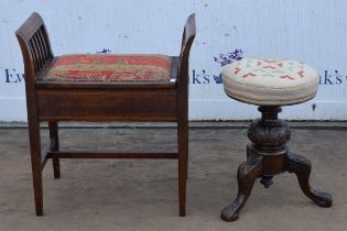 Edwardian piano stool, 67cm high together with a walnut stool, 52cm high (2)