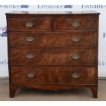 A George IV mahogany chest of drawers, with flame veneers to the drawers, on bracket feet, H 99cm,