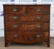 A George IV mahogany chest of drawers, with flame veneers to the drawers, on bracket feet, H 99cm,