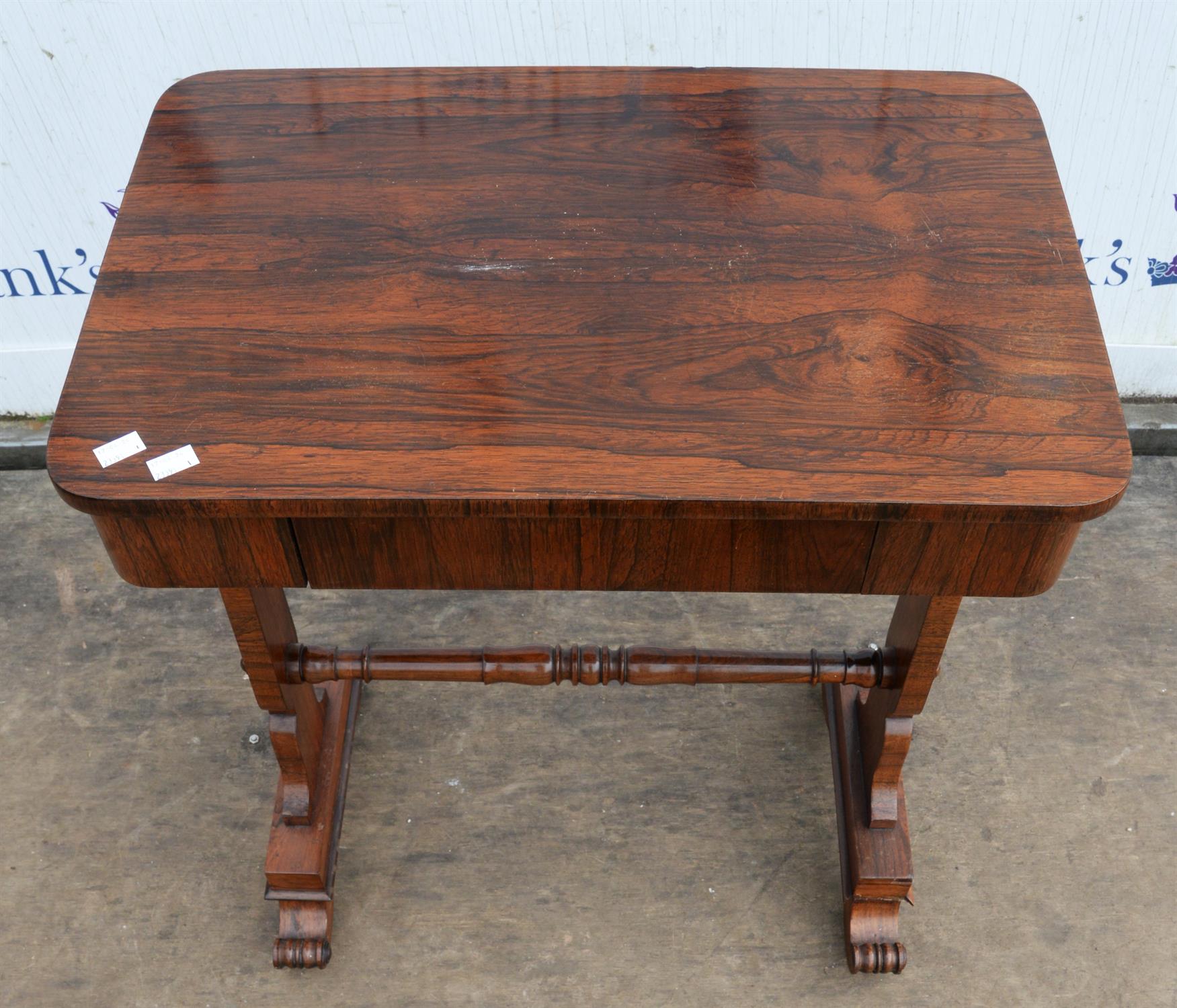 Rosewood side table, 19th Century, the rectangular top with frieze drawer, on shaped end supports - Image 2 of 4