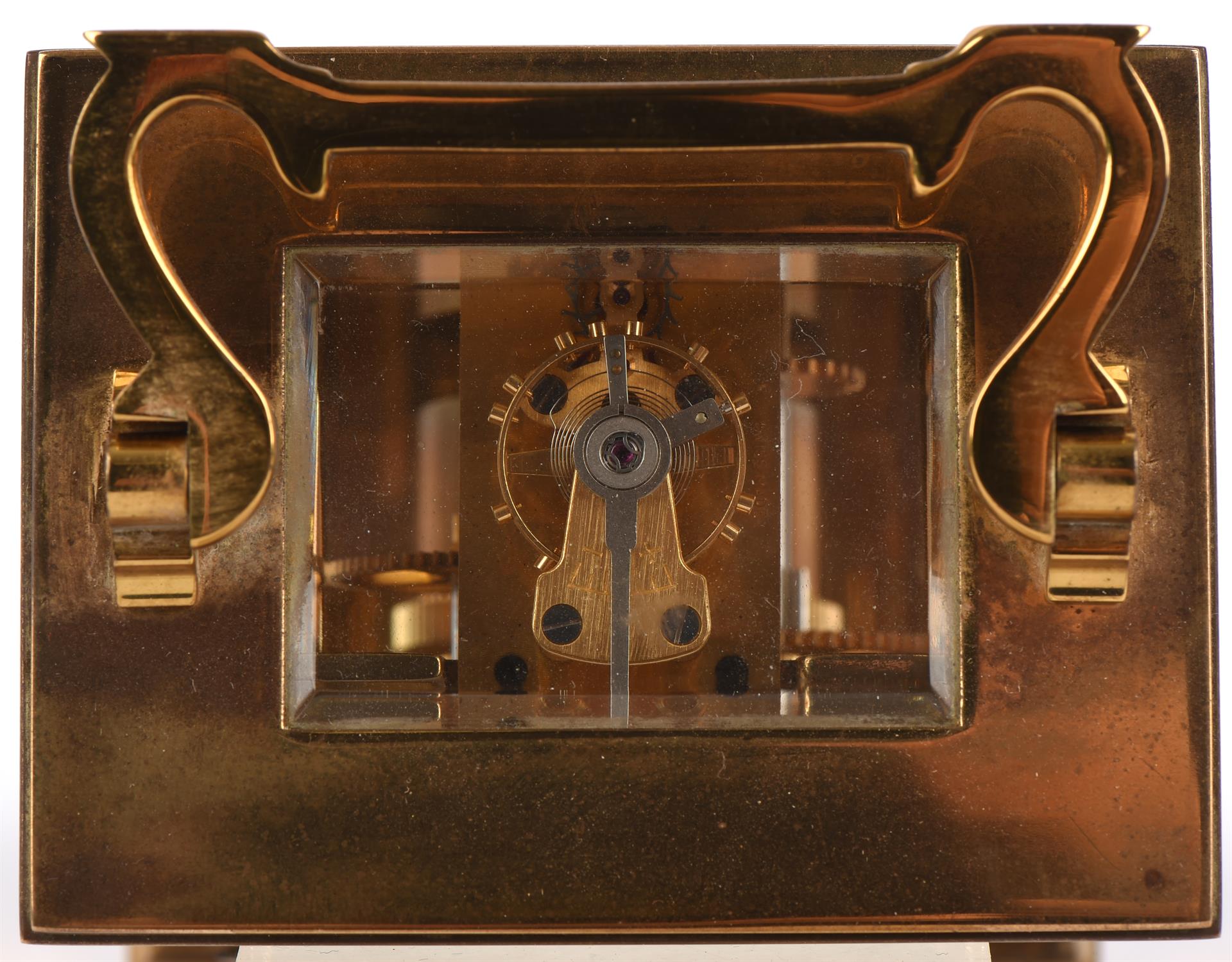 Garrard and Co. Ltd, a brass carriage clock, with white enamel dial, Roman numeral chapter room, - Image 7 of 7
