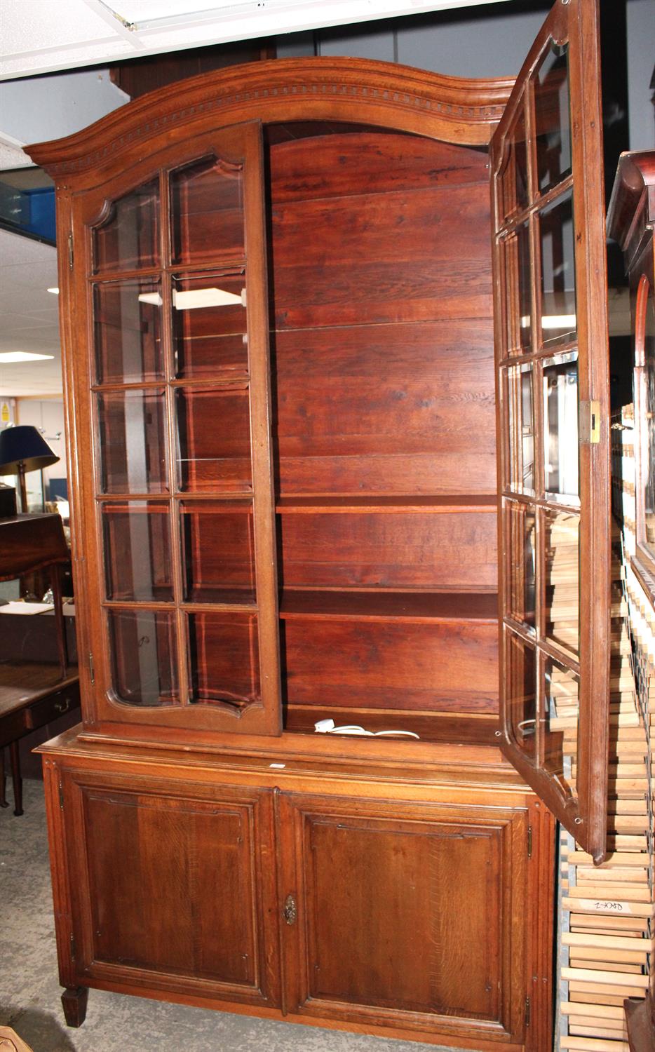 A French Louis XVI style oak display cabinet cupboard, early 20th century, in two parts, - Image 2 of 2