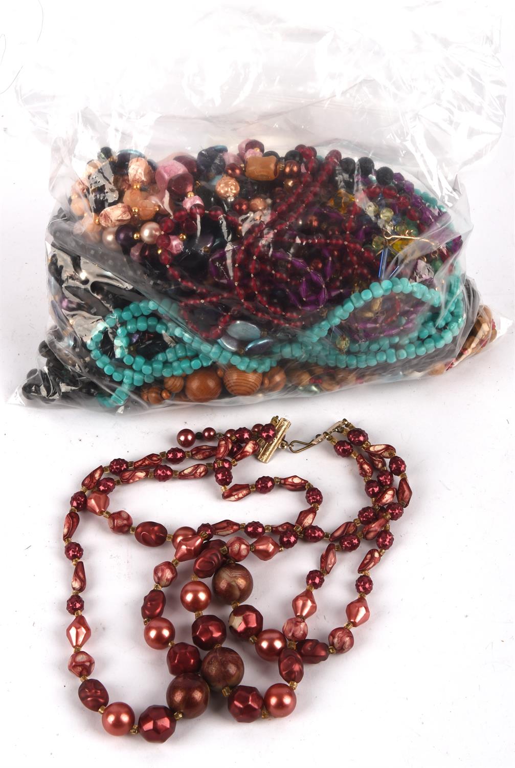Selection of 1920's-1950's bead necklaces, including wooden beads, jet beads and others