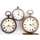 A silver hunter pocket watch with unsigned white enamel dial, keywind movement, a ladies open face