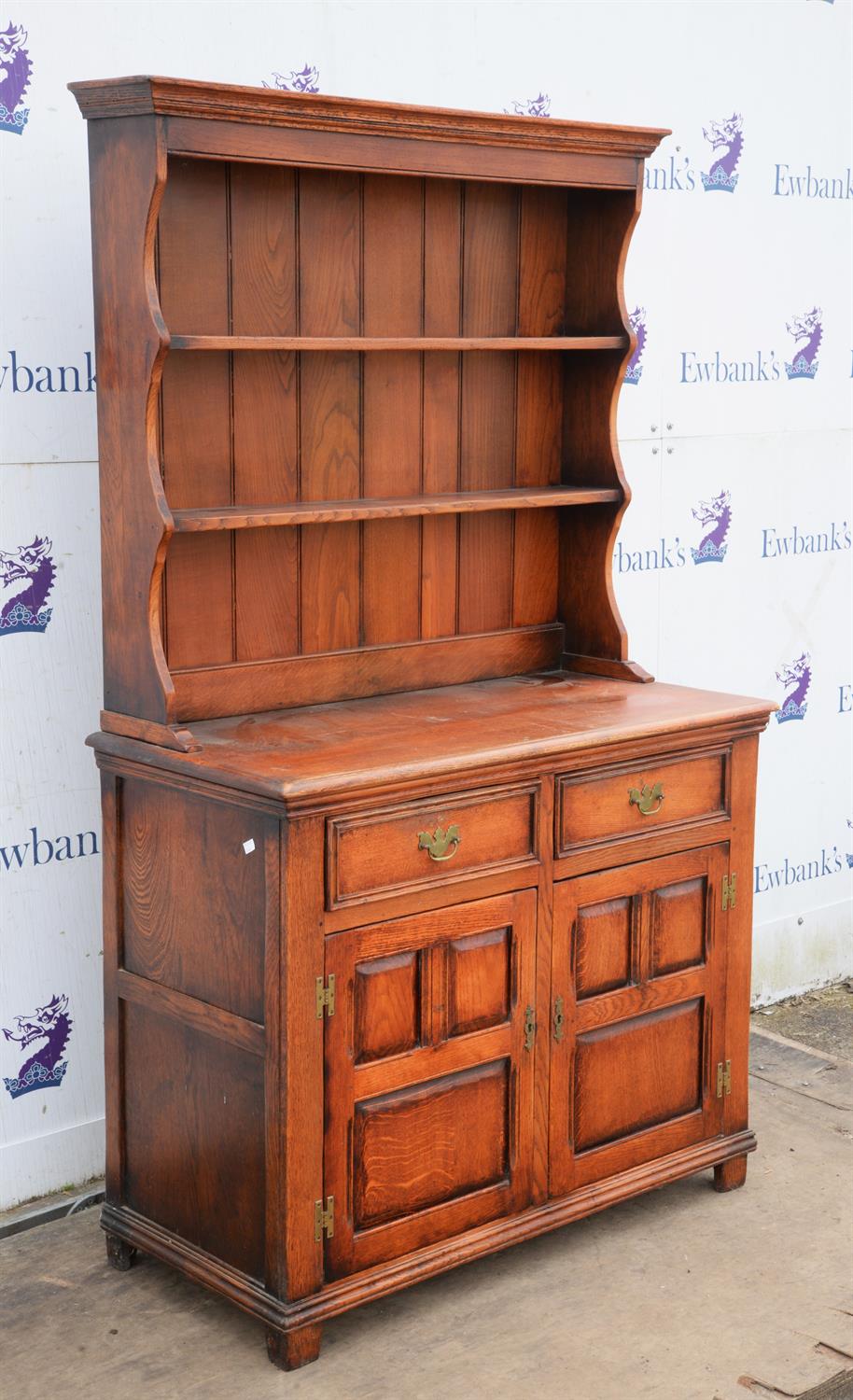 A George III style stained oak dresser, mid 20th century, H 188cm, W 112cm, D 52cm - Image 4 of 5