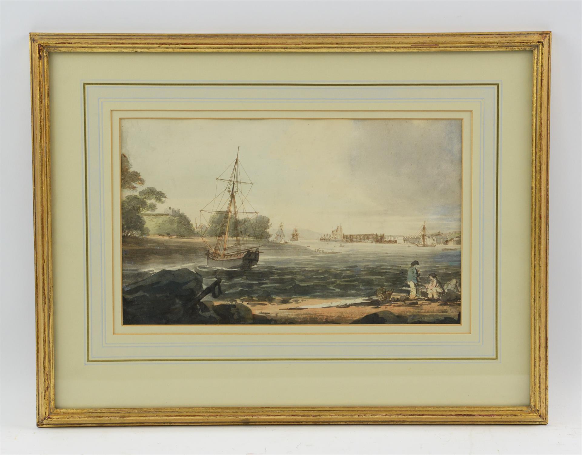 William Payne (British 1776-1830), Plymouth from Mt Edgecombe, engraving with hand colouring,