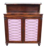 A Regency rosewood side cabinet, the rear gallery on brass supports, the narrow drawer above a pair