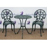 A modern Victorian style green painted metal foliate pierced garden table, on a triform base,