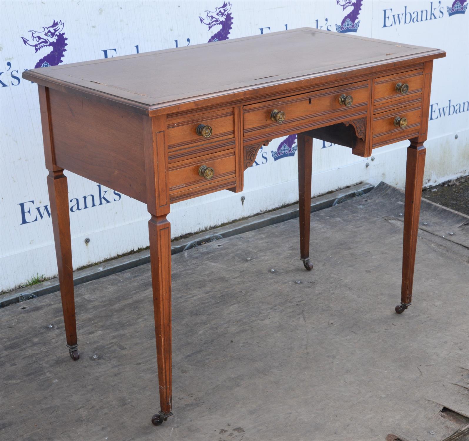 Edwardian desk, with faux leather writing surface, above five small drawers, on tapering legs, - Image 3 of 3