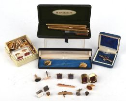 A group of items consisting of Parker pens, various pairs of cufflinks, tie clips and a boxed "Old