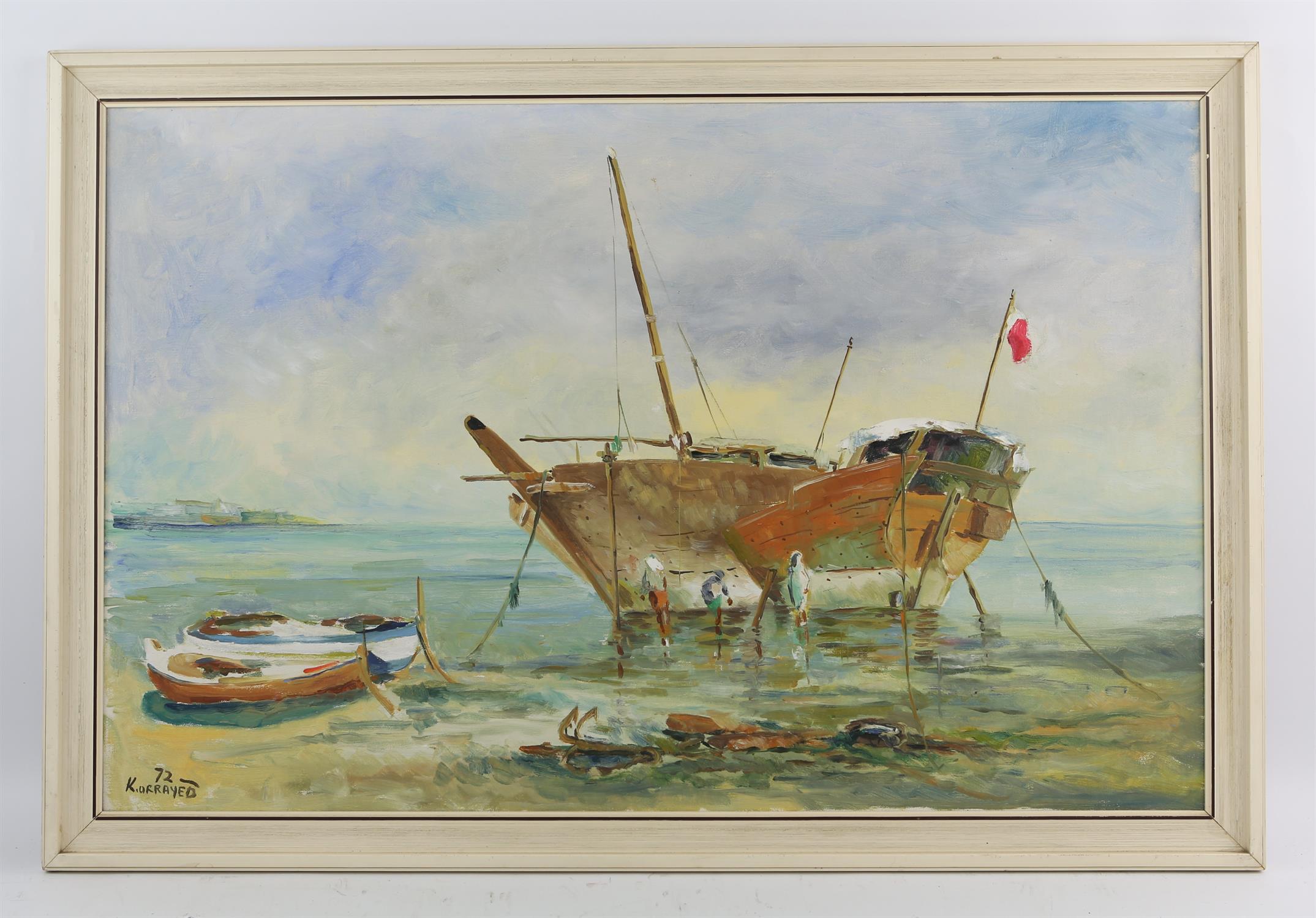 Abdul Karim al Orrayed (Bahraini b.1934), Fishing boats on the shore, oil on canvas, 50 x 77cm.