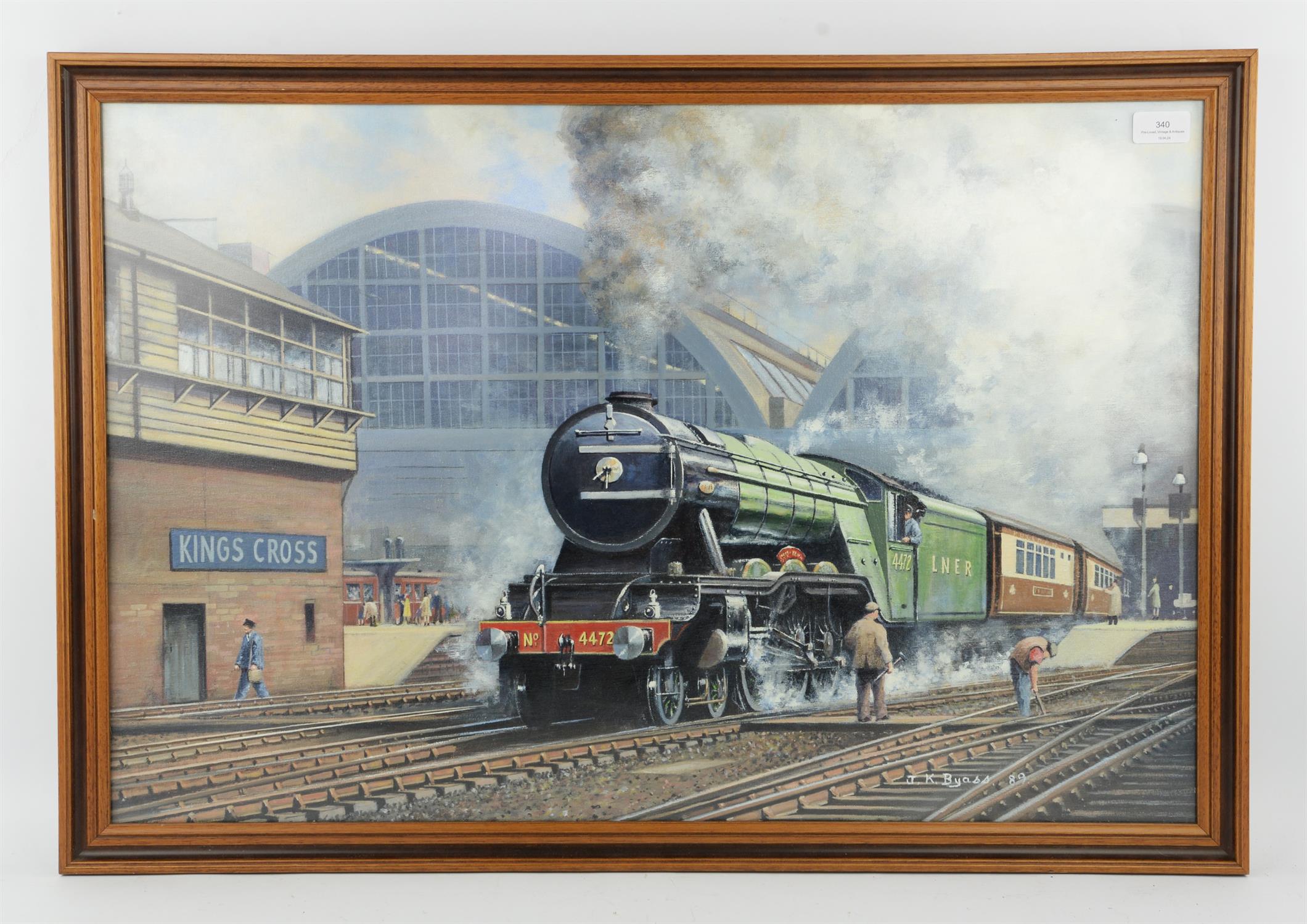 J.Keith Byass (20th century), LNER locomotive 4472 leaving Kings Cross, oil on canvasboard,