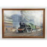 J.Keith Byass (20th century), LNER locomotive 4472 leaving Kings Cross, oil on canvasboard,