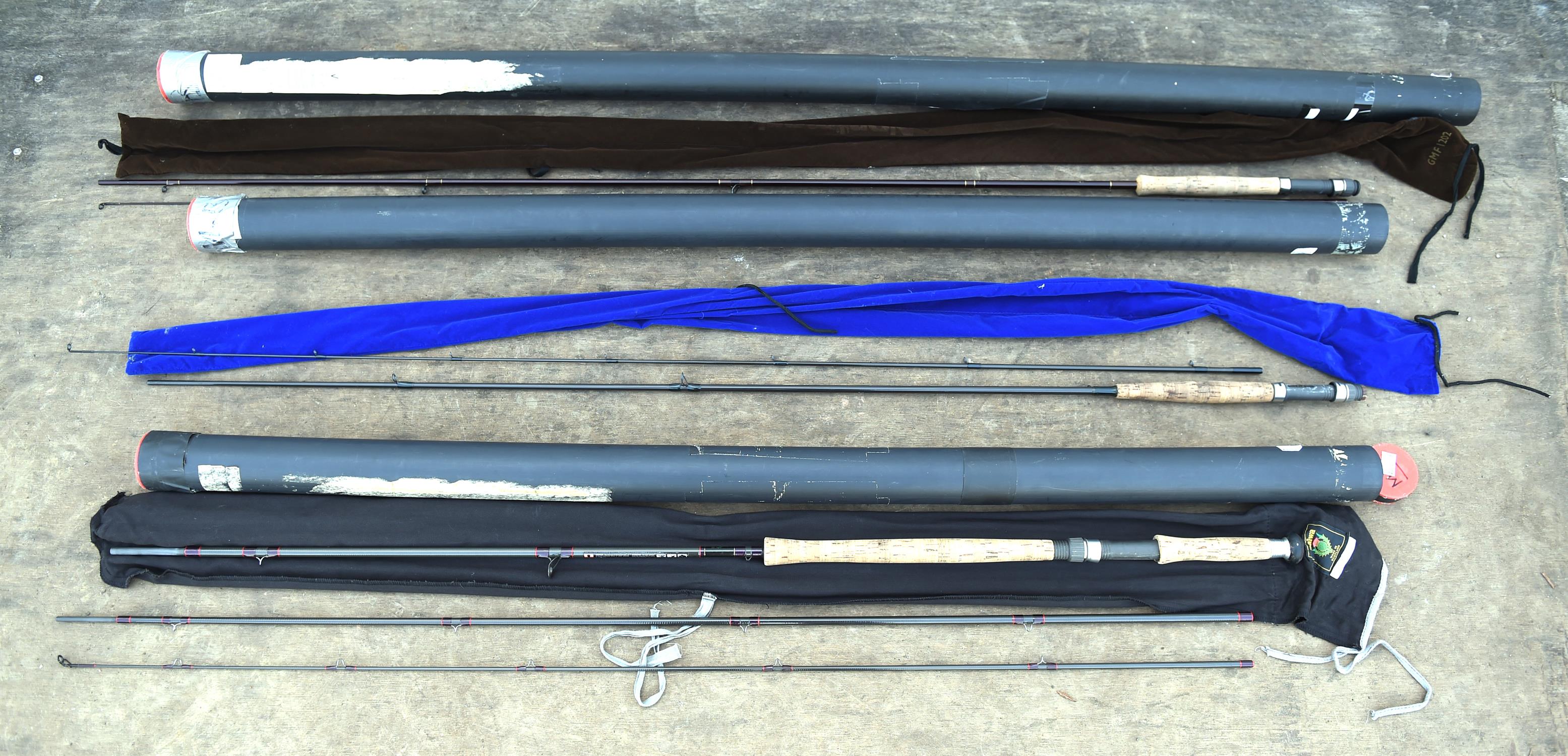 Three modern fly fishing rods including ; Daiwa 'Whisker Fly' 12 foot, 3-piece rod,