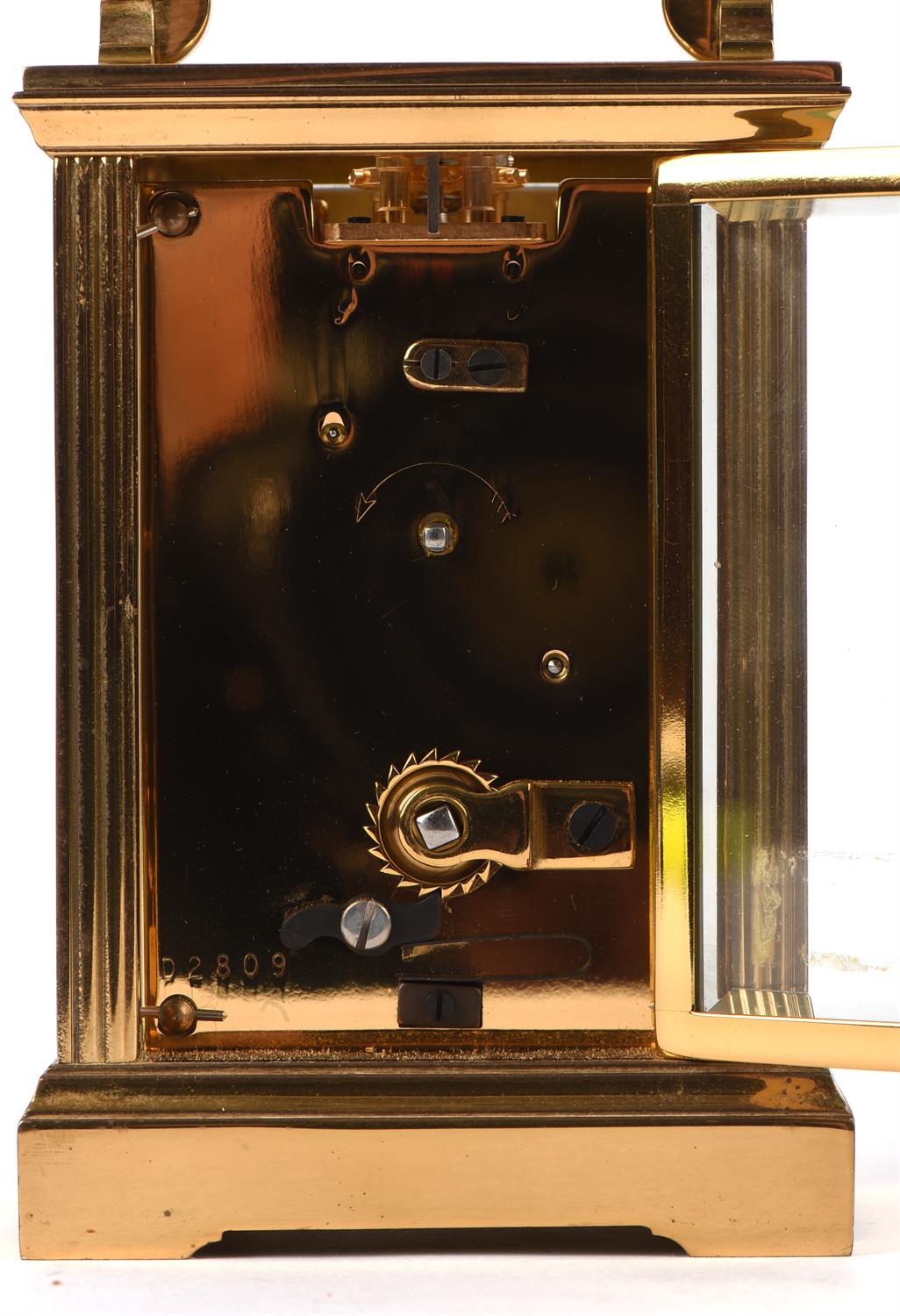 Garrard and Co. Ltd, a brass carriage clock, with white enamel dial, Roman numeral chapter room, - Image 6 of 7