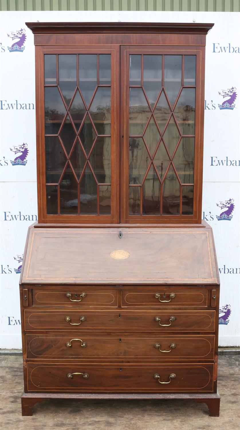 A George III mahogany bureau bookcase, top and base associated, later strung and banded, H 213cm, - Image 10 of 10