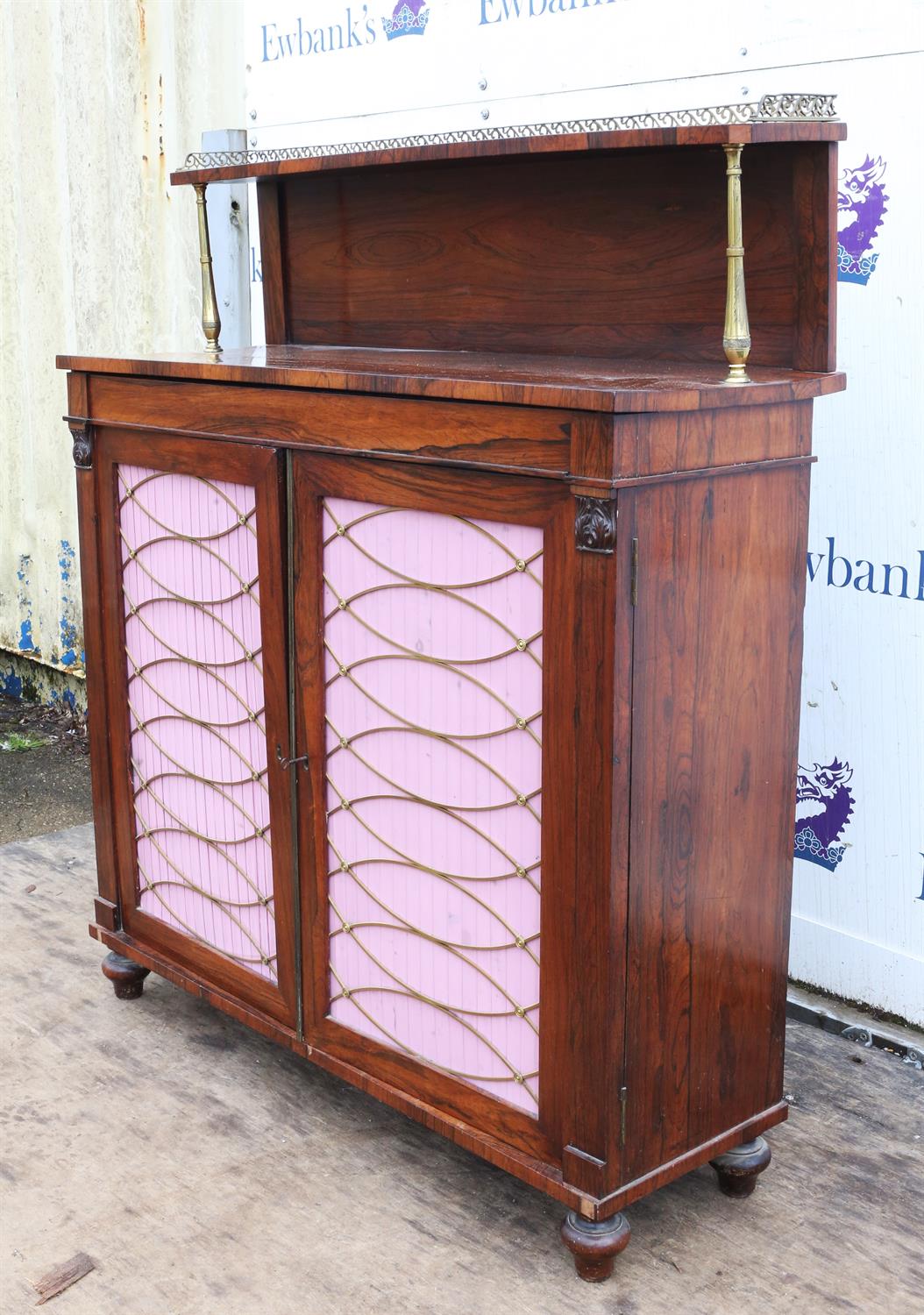 A Regency rosewood side cabinet, the rear gallery on brass supports, the narrow drawer above a pair - Image 3 of 5