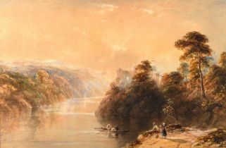 Edward Tucker (British c.1825-1909), River landscape with figures, a castle beyond, watercolour,