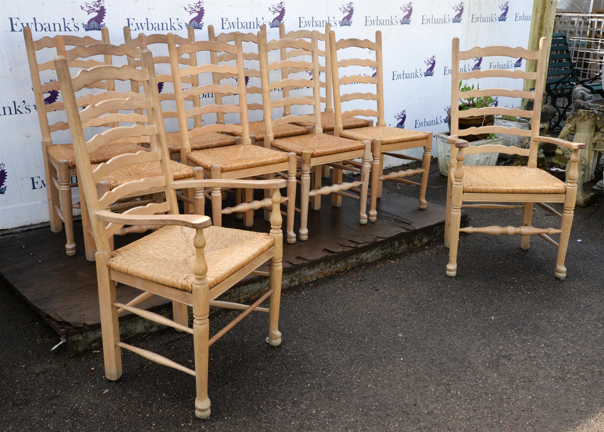 A set of ten George IV style limed oak ladderback chairs, late 20th century, to include a pair of - Image 2 of 3