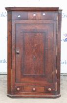 An 18th century Oak corner cupboard, single door over single drawer flanked by faux drawers.
