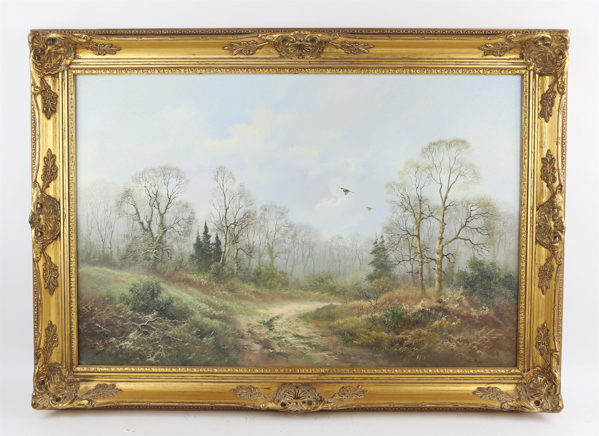 W. Reeves (British 20th century), Wooded landscape with pheasant in flight, oil on canvas,