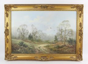 W. Reeves (British 20th century), Wooded landscape with pheasant in flight, oil on canvas,