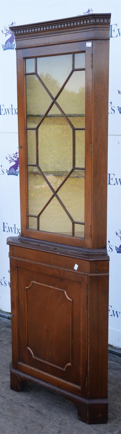 Reproduction mahogany corner cabinet, with glazed door enclosing shelves, on base with panelled - Image 2 of 3