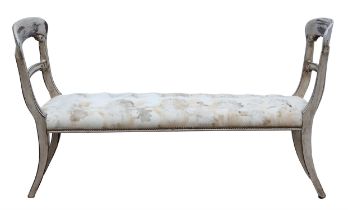 A Victorian style cream painted and upholstered window seat, one rail stamped, Graygoose, L 144cm