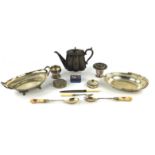 A group of silver plated items, to include a Walker & Hall oval dish, a swing handled oval dish,