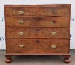 A George IV mahogany chest of drawers, the top inlaid with stringing, the drawers with flame